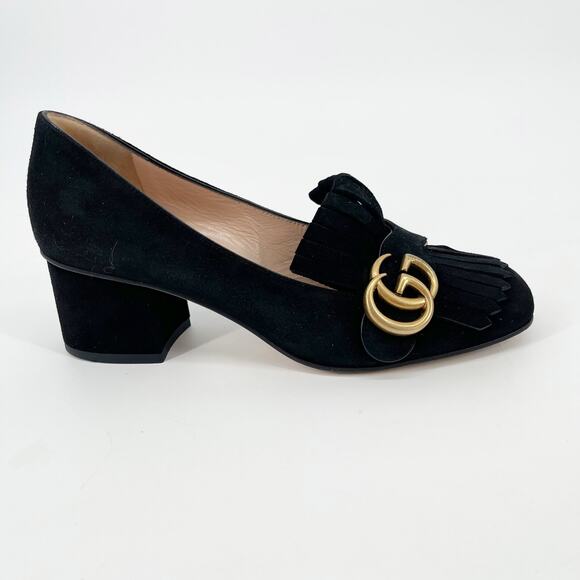 Gucci Marmont Black Suede GG Logo Kiltie Fringe Block Heel Loafer Pumps EU 37 - Picture 2 of 14